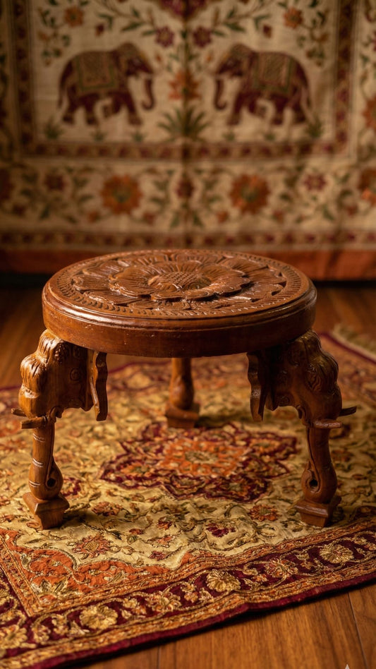 Handcrafted Wooden Chowki | Carved Round Pooja & Home Decor Table