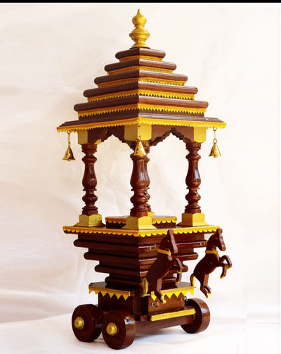 Wooden Temple 3 feet Rath for Home Pooja | Traditional Teakwood Chariot Decor