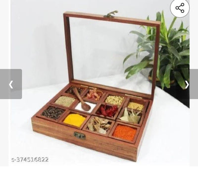 Rectangular Sheesham Wood 12-Compartment Spice Box with Transparent Glass Lid