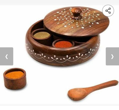 Vintage Handcrafted Round Wooden Spice Box with Spoon