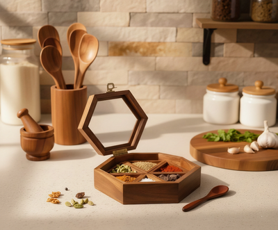 Hexagonal Premium Wooden Spice Box (6 Compartments)