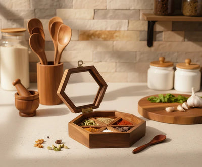 Hexagon Wooden Masala Box With 6 Compartments